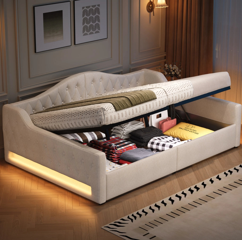Letto 140x200 cm con LED e contenitore in MDF e compensato beige