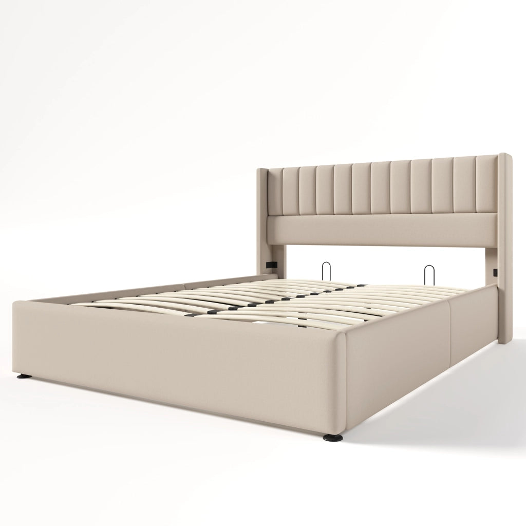 OKWISH Letto Contenitore 160×200 cm, Letto Matrimoniale con Contenitore Idraulico e Testiera Imbottita, senza Materasso, in Lino, Beige
