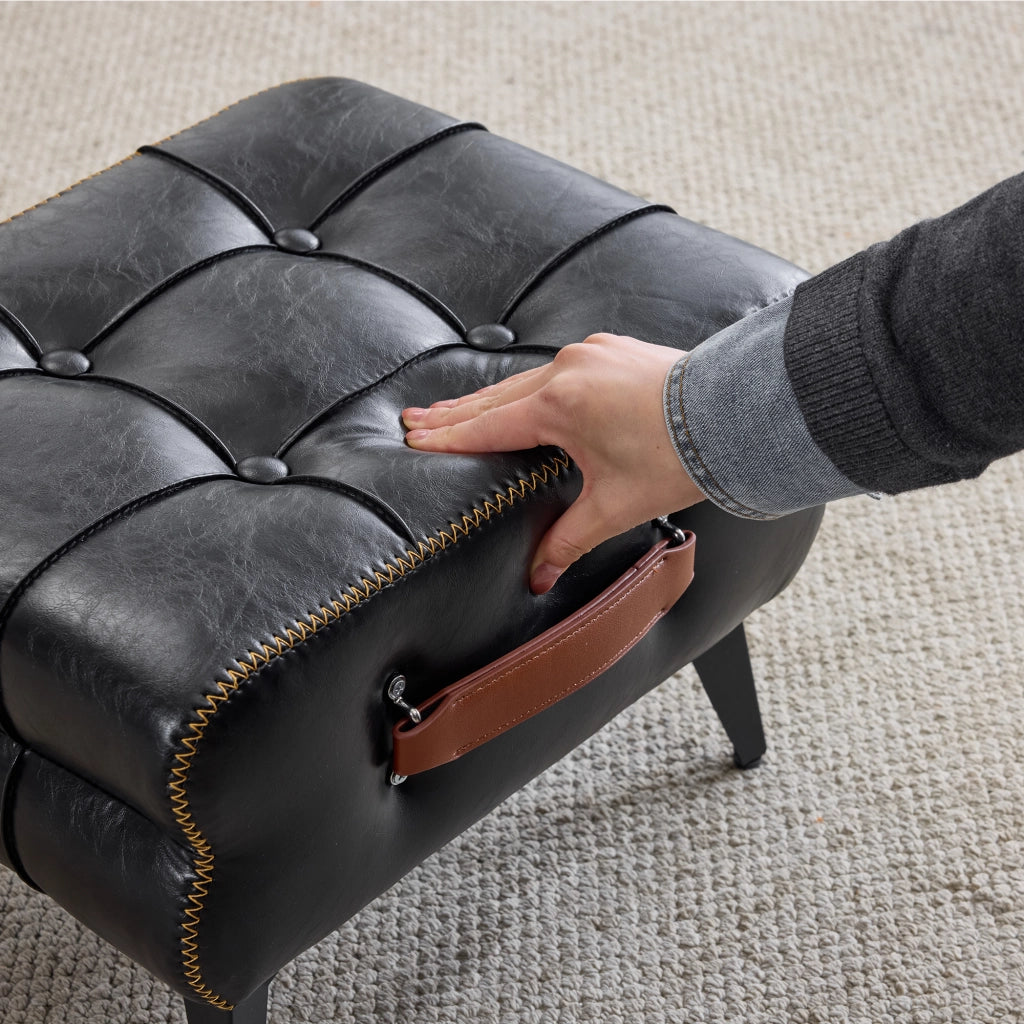 Pouf poggiapiedi portatile in PU nero con struttura in acciaio e maniglia laterale