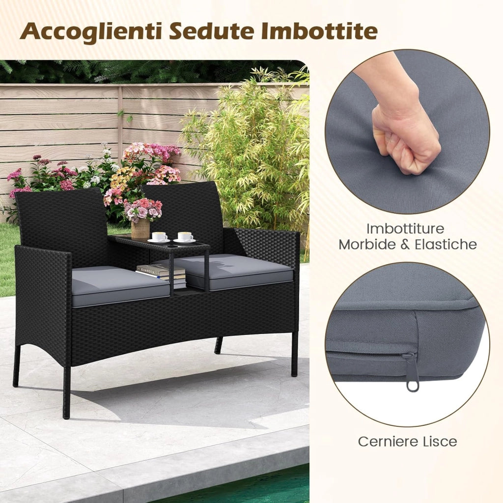 Panchina da Giardino in Rattan PE 62 x 124 x 84 cm, Divano da Esterno con Tavolino in Vetro Temperato e Cuscini Imbottiti, Poltrona con 2 Posti per Balcone, Piscina e Cortile (Grigio)