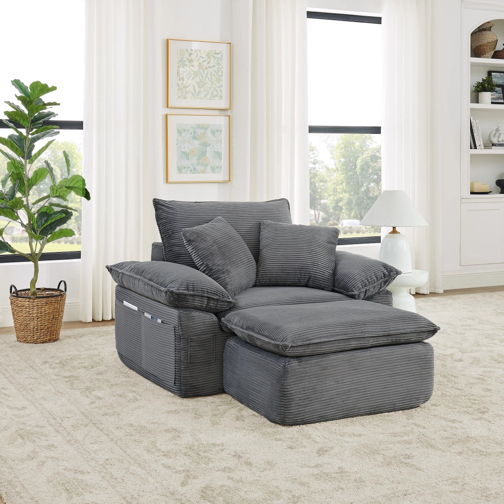 Divano modulare monposto con tasche laterali e poggiapiedi mobile in tessuto grigio chiaro 156 × 125 × 65 cm