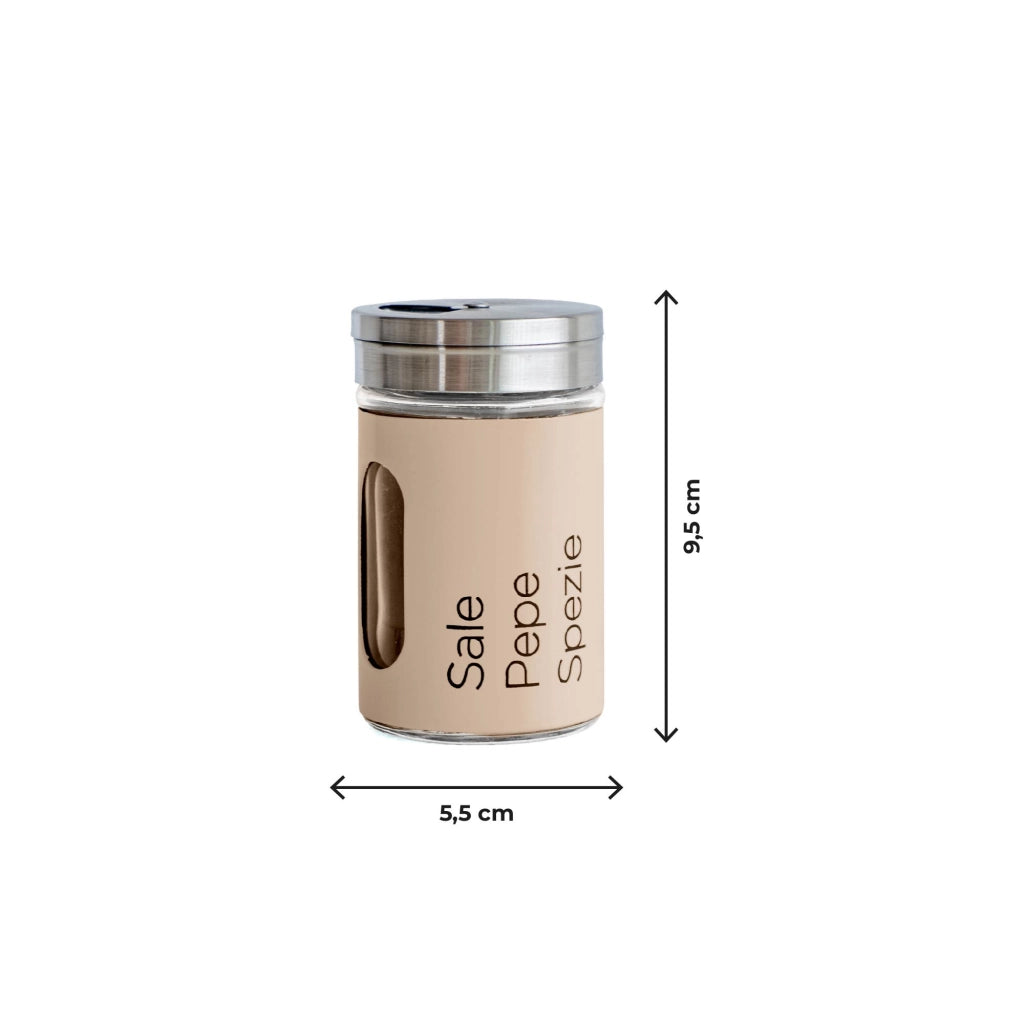 Set 4 Contenitori In Vetro Cucina Portaspezie 90 Ml Con Espositore In Metallo Barattoli Moderni Sale Pepe Rotondi Tappo Girevole Acciaio Per Regolazione Con Moderne Scritte Certificati Contatto Alimentare Biscotto