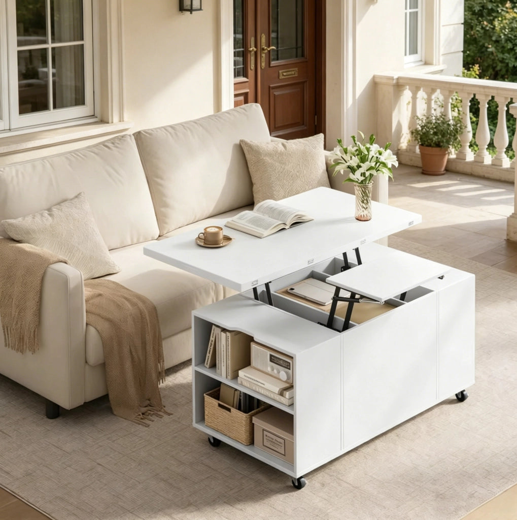 Tavolino elevabile mobile bianco con cassetto e ruote