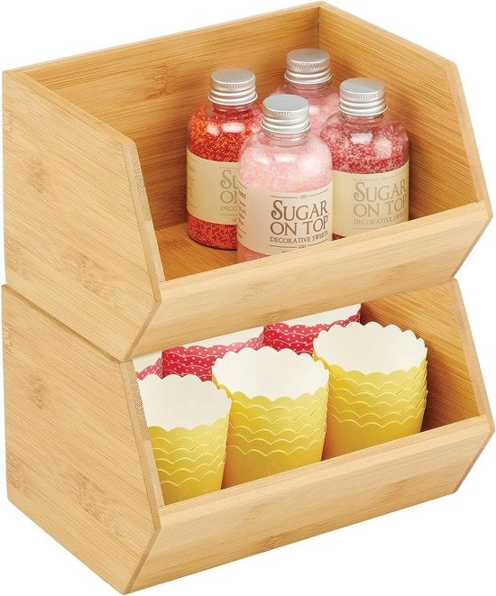 Scatola di archiviazione a pile - scatola di archiviazione multifunzionale in bambù per armadi cucina, mensole e superfici - tavola aperta in bambù sostenibile - set da 2 - colore naturale