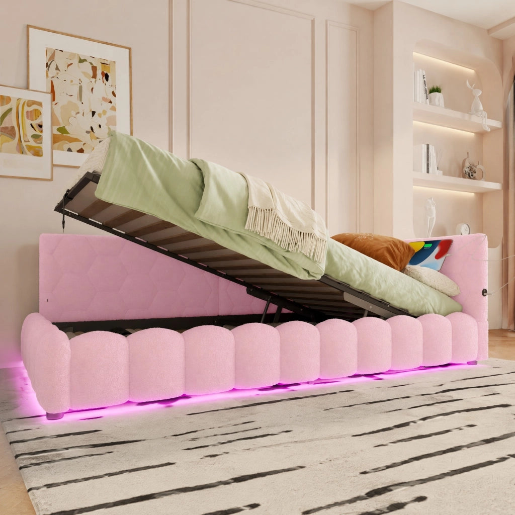 Letto da giorno 90x200 cm con rete a doghe; sollevamento idraulico; LED; USB e Tipo-C; rosa