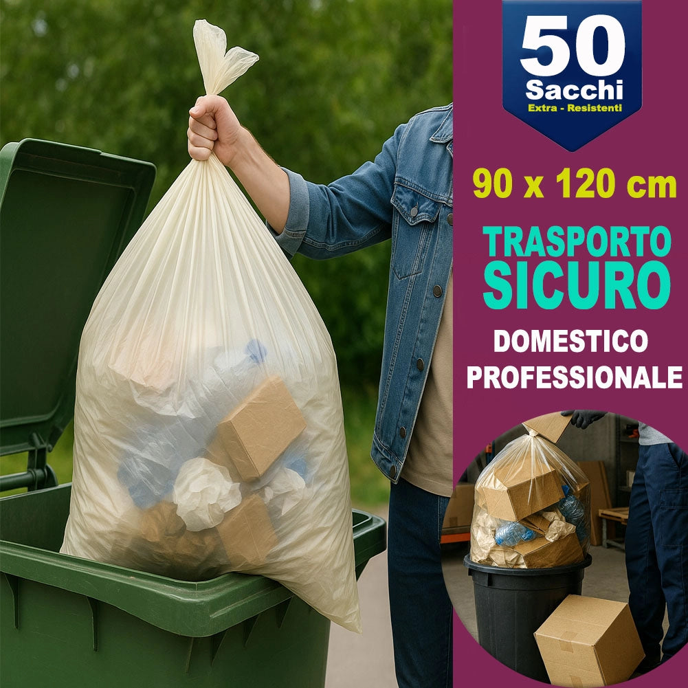 50 x Sacchi per spazzatura Grandi Ambra Trasparenti e Resistenti 90 x 120 cm LDPE