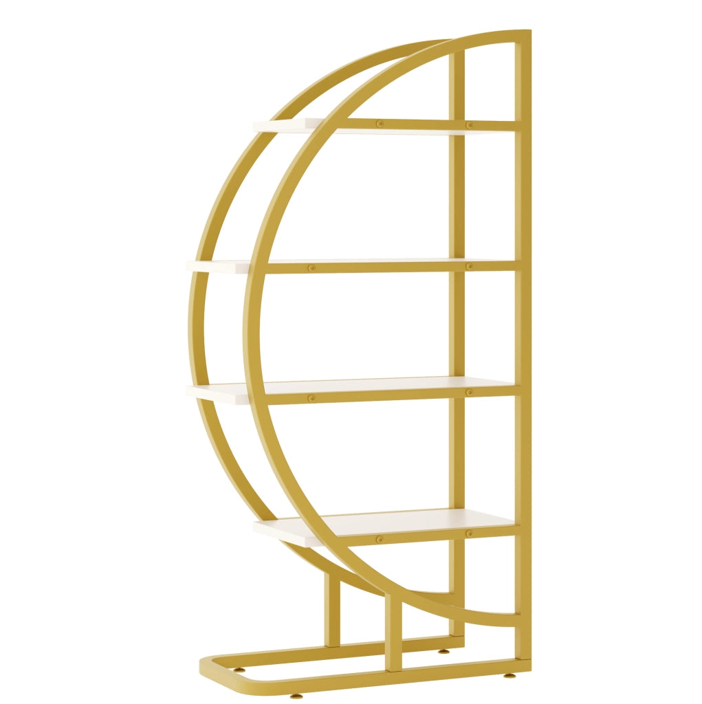 Libreria ad arco semicircolare modulare 120x30x130 cm in acciaio dorato e MDF bianco