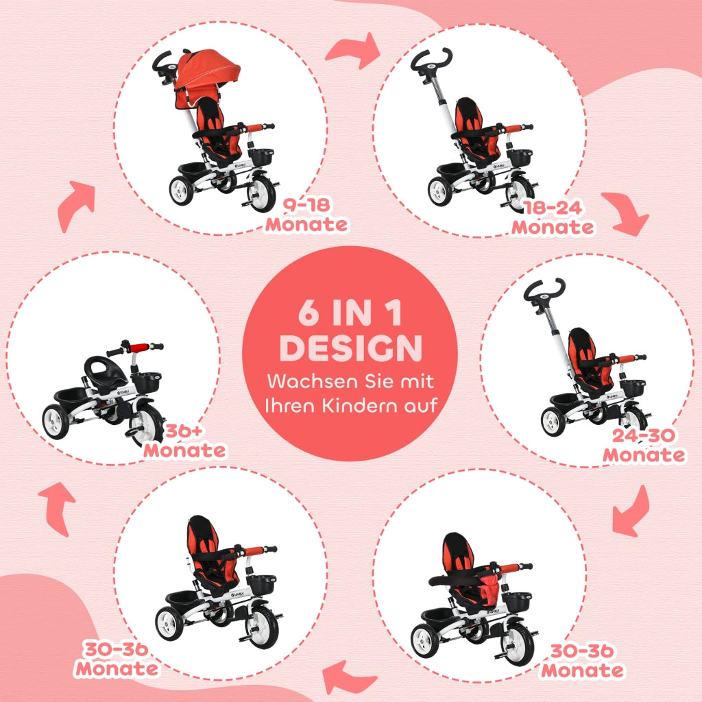 Triciclo Bambini 6 in 1 con Maniglia, Cestino, Cintura ¨C zephmum ¨C Rosso