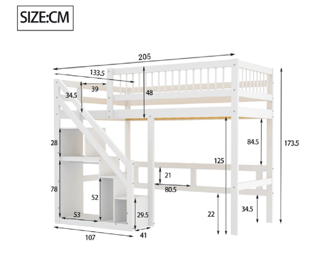 Letto a castello in legno massello per bambini - Xylo - 90x200 cm - Bianco - Con scala e armadio