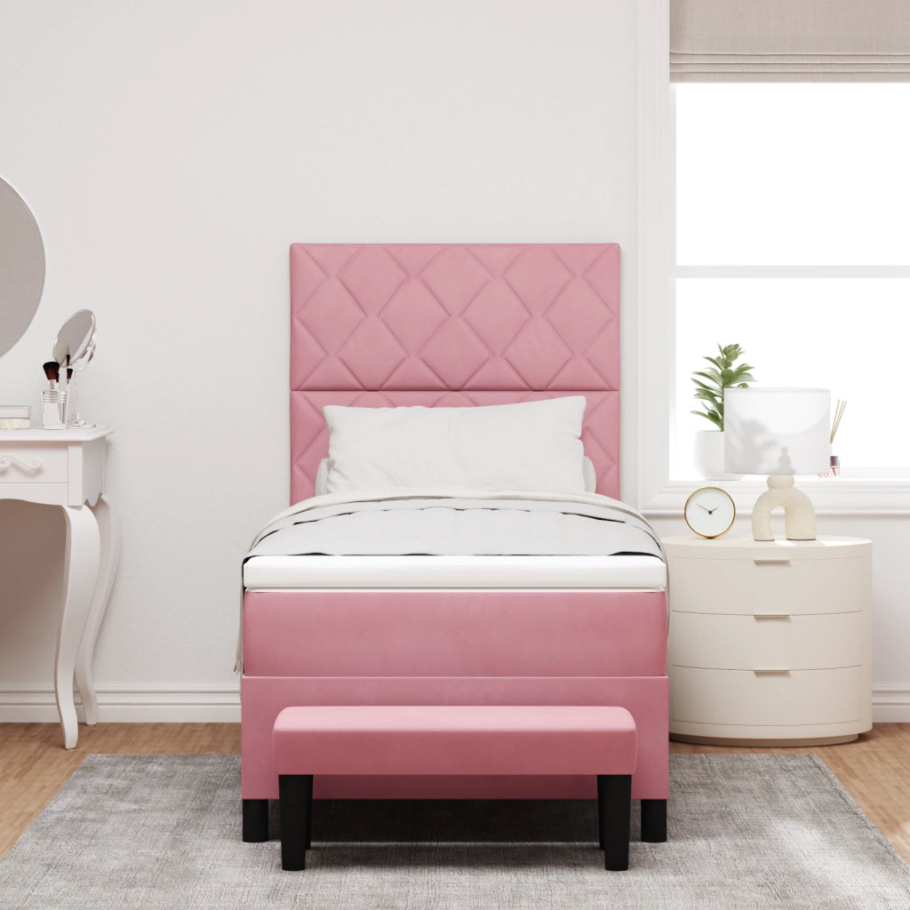 Letto a molle con materasso e panchina rosa 90x200 cm velluto