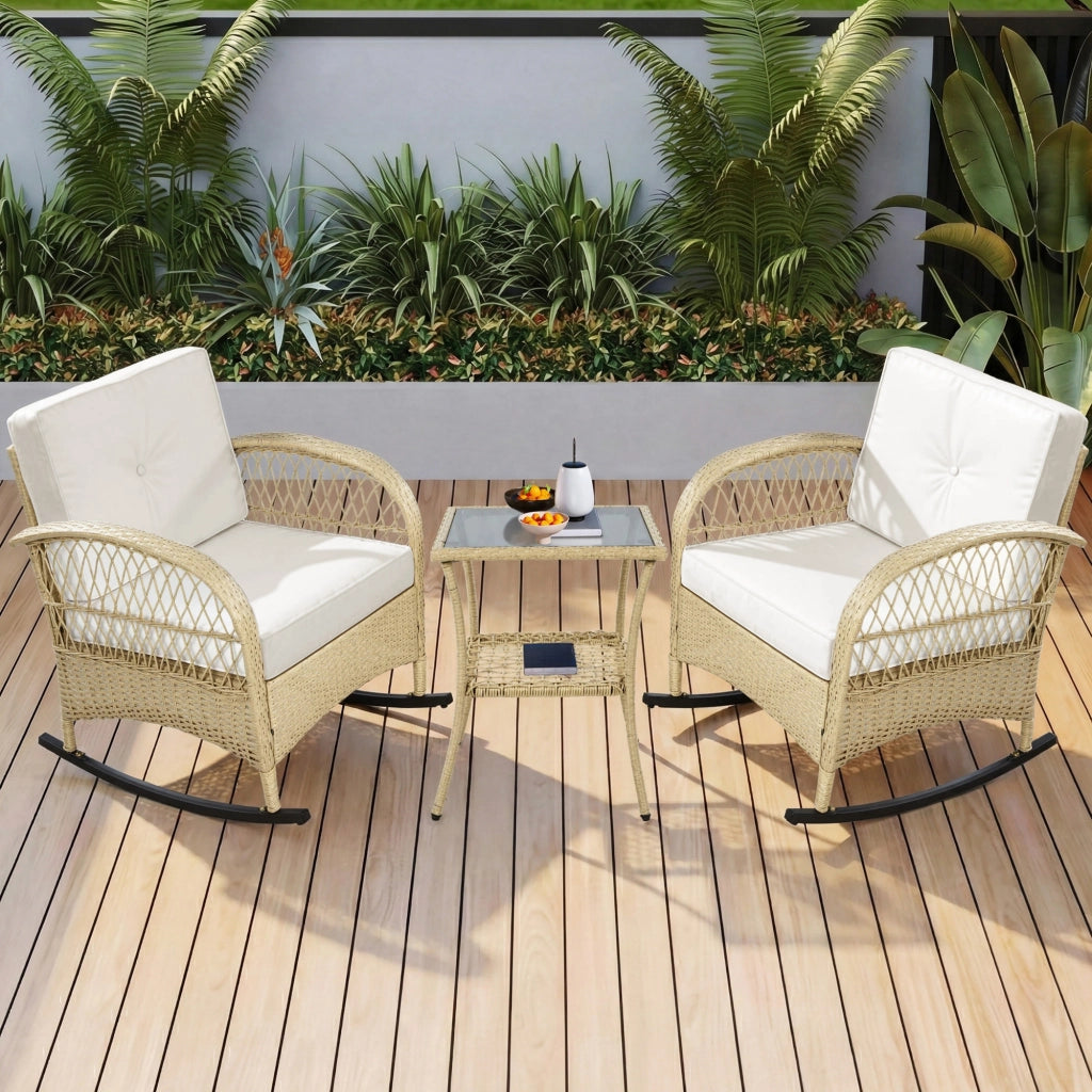 Salotto da Giardino con 2 Poltrone a Dondolo e 1 Tavolino in Vetro; per Balcone e Terrazza; Rattan; Tessuto Impermeabile e Metallo; Beige