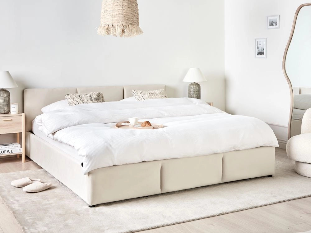 Letto Ottomano Beige Chiaro Velluto Tappezzato 180 x 200 cm Testiera Travestita Funzione Contenitore