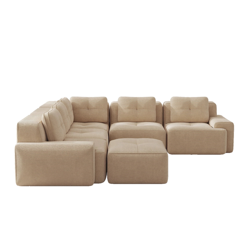 Divano angolare modulare con seduta profonda e schienale adattabile in tessuto cord beige