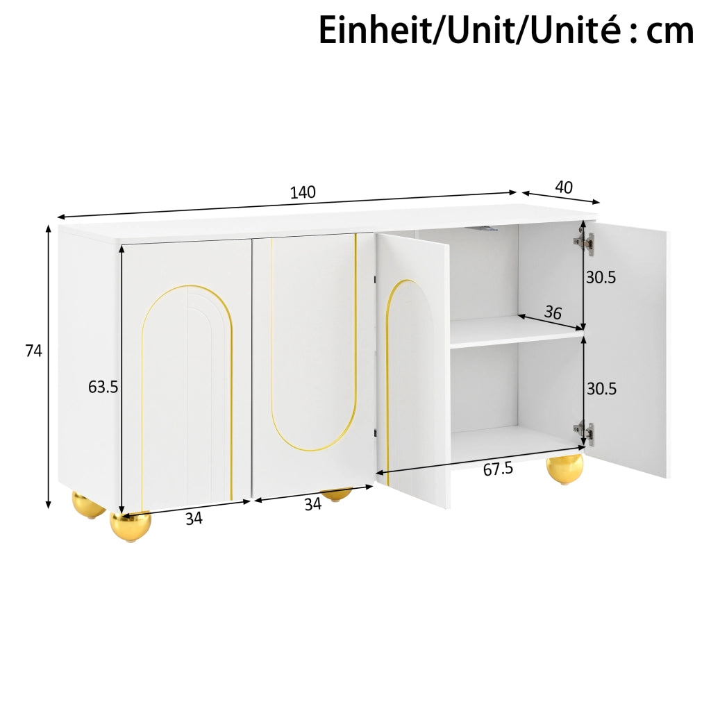 Credenza e madia a 4 ante con 2 vani interni, per soggiorno, in MDF e pannello truciolare bianco 140 × 40 × 74 cm