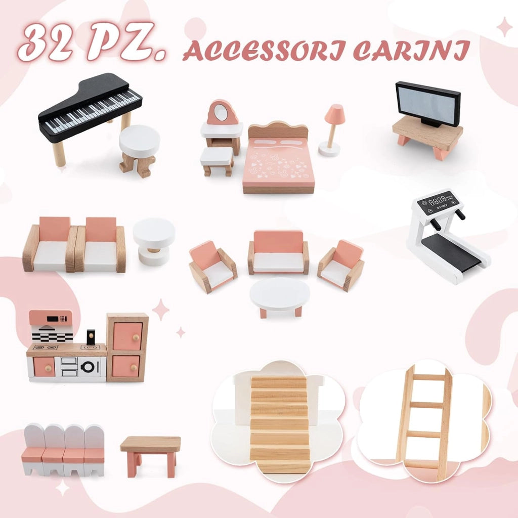 Casa delle Bambole in Legno, Casetta delle Bambole a 3 Piani con 7 Stanze e Mobili, Accessori Realistici, Regalo per Bambini 3+ Anni, 100 x 48 x 85,5 cm