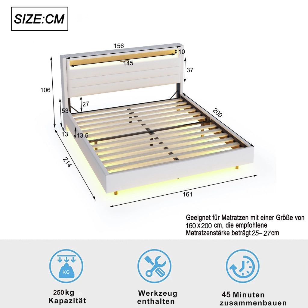 Letto matrimoniale imbottito 160x200 cm con USB e LED; testiera ribaltabile; beige