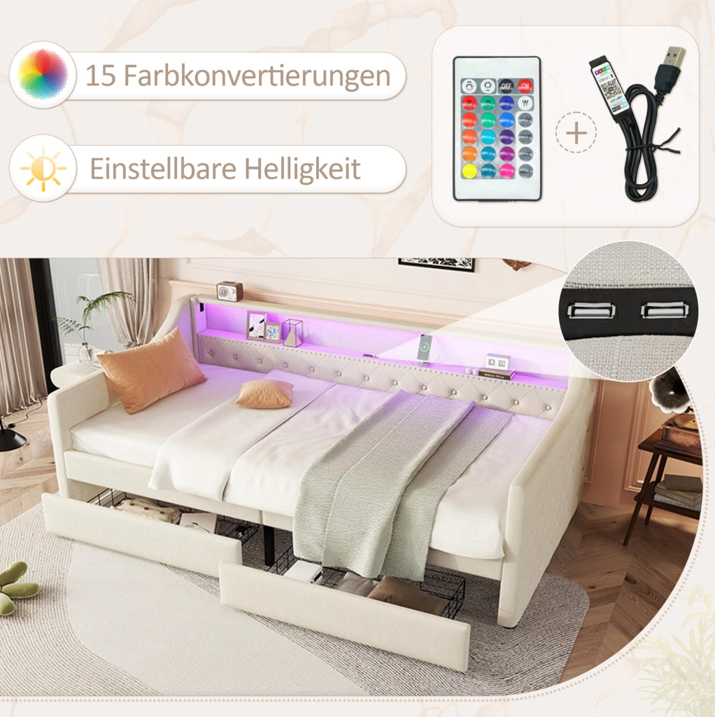 Letto a una piazza 90x200 con luci LED, due cassetti e porta USB