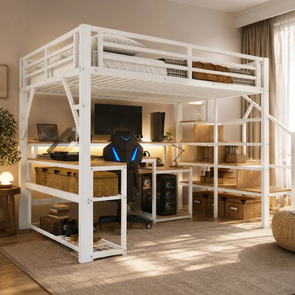 Letto a soppalco 140x200 cm con scrivania LED e USB bianco