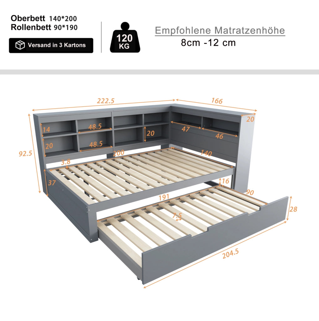 Letto 140x200 cm con USB e vani portaoggetti in legno grigio