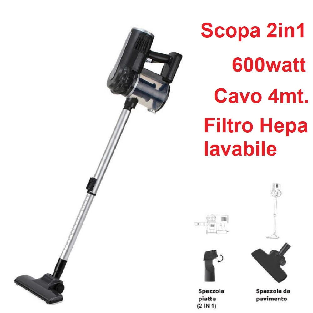 Aspirapolvere 2in1 600W Filtro Hepa Lavabile Scopa Elettrica Compatta Accessori Nero