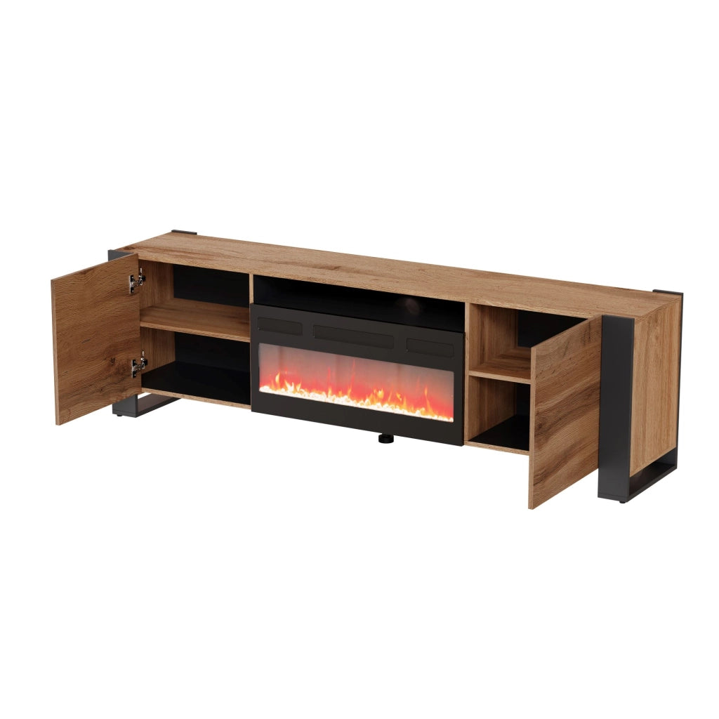 Mobile porta TV soggiorno con caminetto elettrico WOOD cm 196x40x60h Rovere