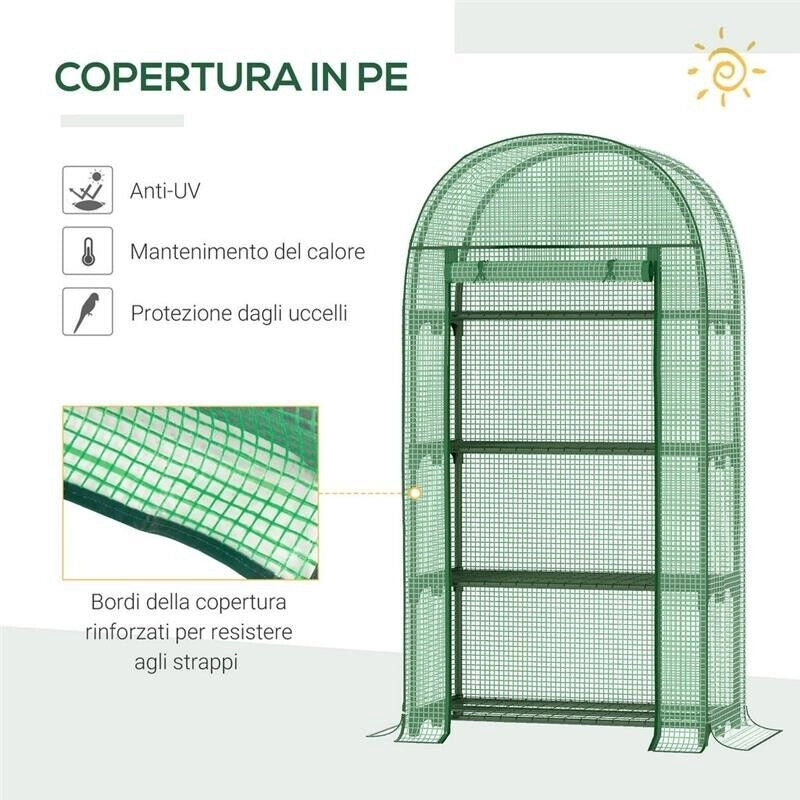 SERRA DA GIARDINO CON RIPIANI IN METALLO, COPERTURA IN PE E PORTA AVVOLGIBILE 80X49X160CM, VERDE