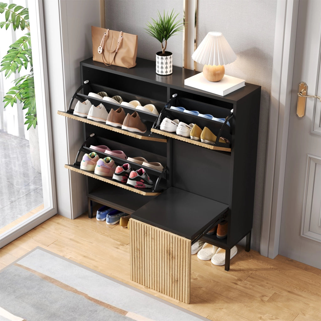 Scarpiera con 3 Ante a Ribalta e Panca Estraibile; Vano a Giorno; Stile Moderno; in MDF; Nero e Naturale; 100×25×100 cm