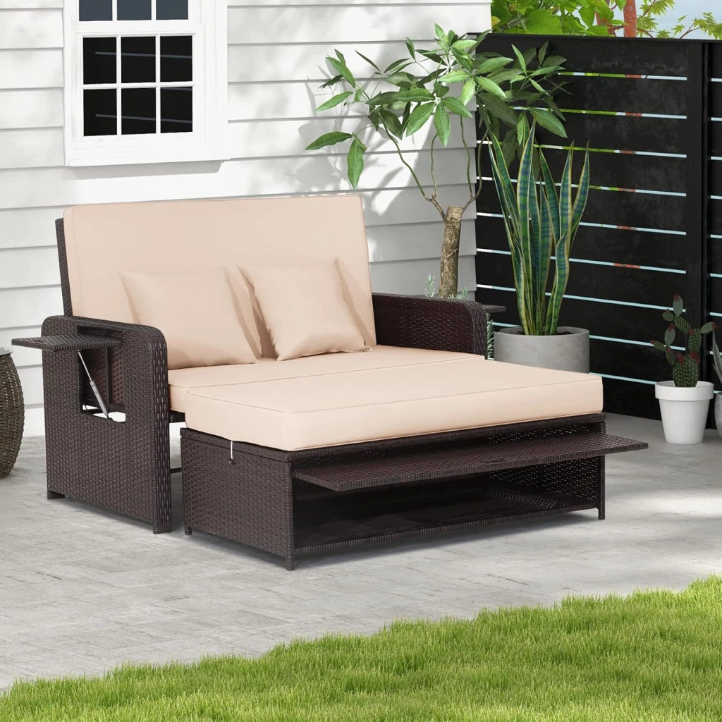 Divano da Giardino in Rattan con Poggiapiedi, Doppio Divano da Esterno con Schienale Regolabile, Mobili da Giardino per Terrazza, Balcone, Cortile, Marrone
