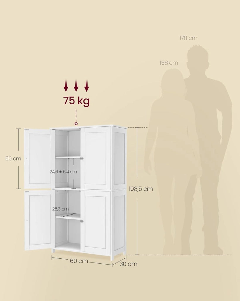 VASAGLE Mobiletto da Bagno, Armadietto con 2 Ripiani Regolabili, Portaoggetti con 4 Ante, Unità Alta Autoportante, per Cucina, Bianco Nuvola BBC553WH01