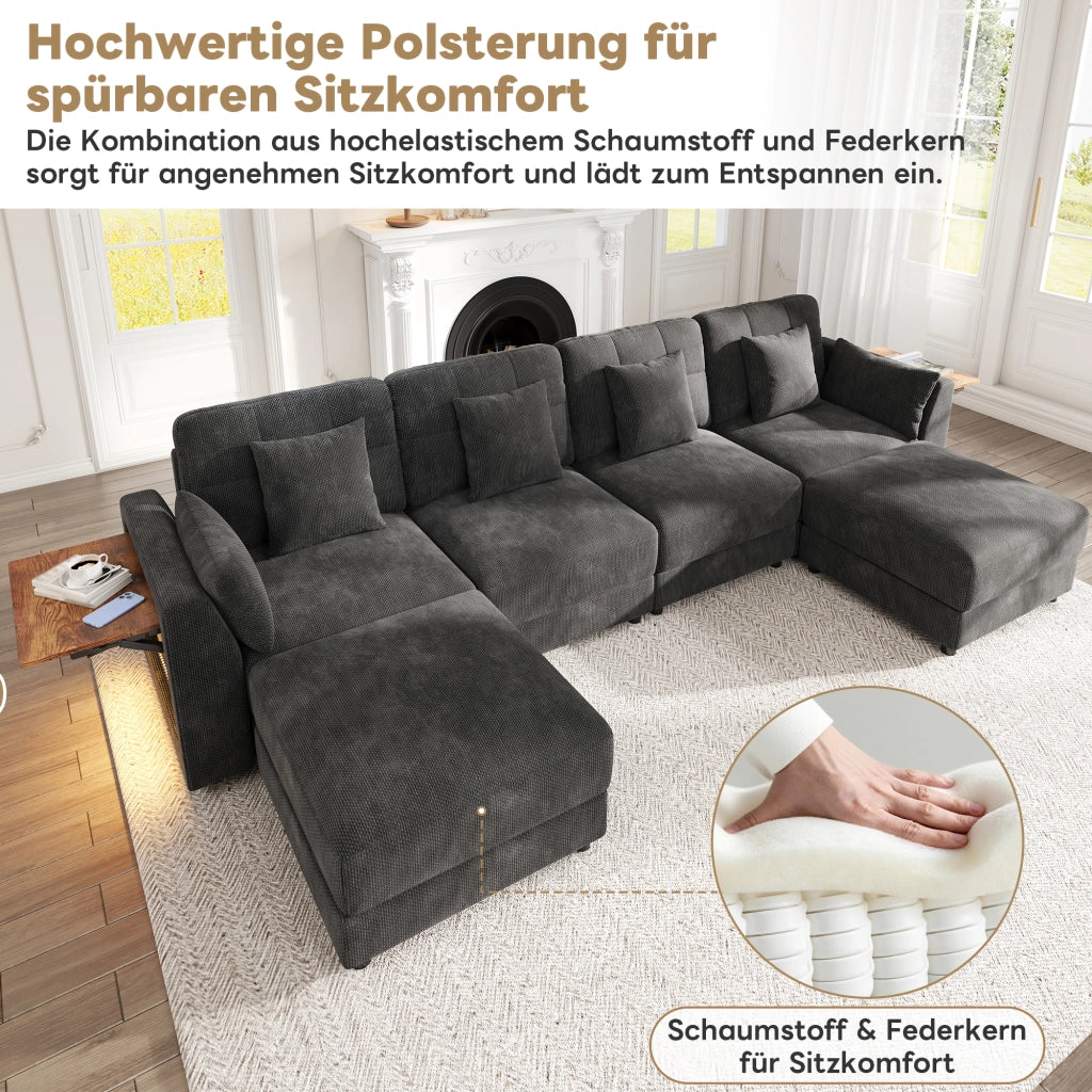 Divano angolare modulare a U e L con 2 pouf mobili, luci LED e tavolino pieghevole, in ciniglia grigio