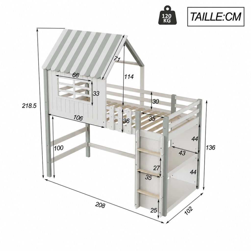 DESMIU Letto a casetta per bambini 1 posto con barriera di sicurezza e mensola, 90 × 200 cm, senza materasso, verde