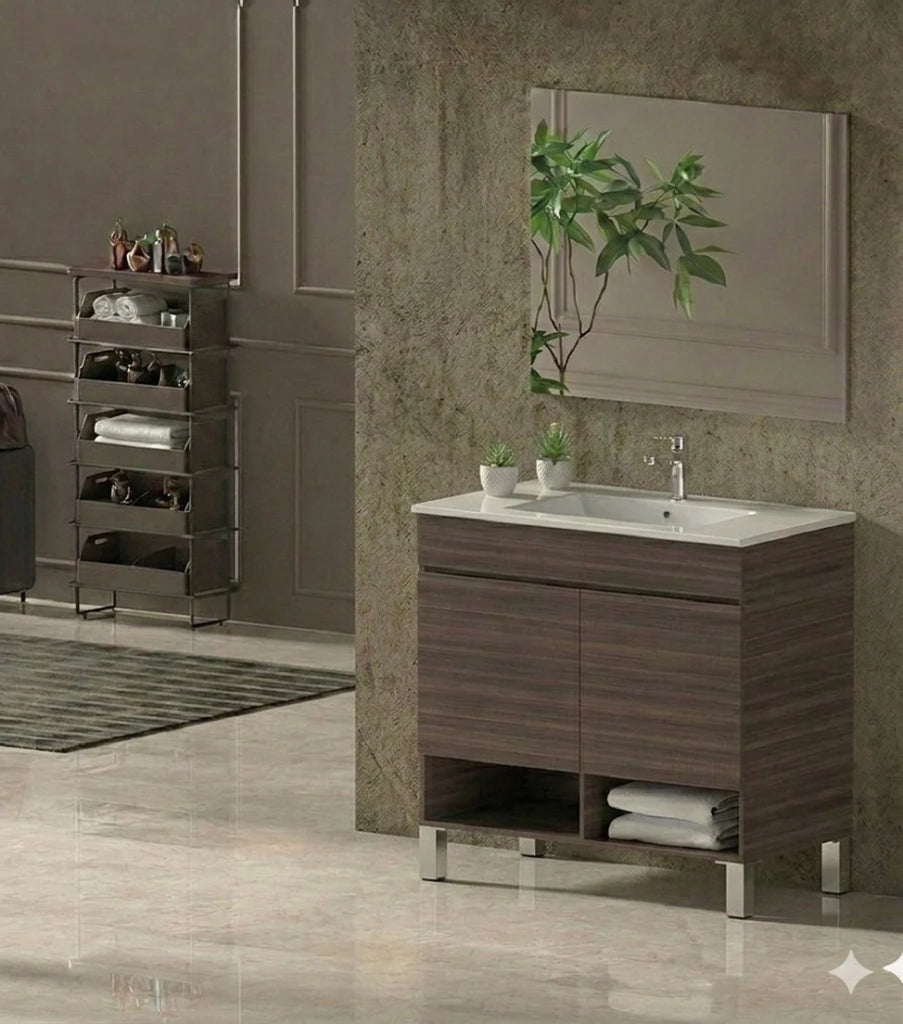 Mobile Bagno NEBARI com gambe Già Montato 2 portas, lavabo e specchio Frassino tea 120x45 cm doppio lavabo