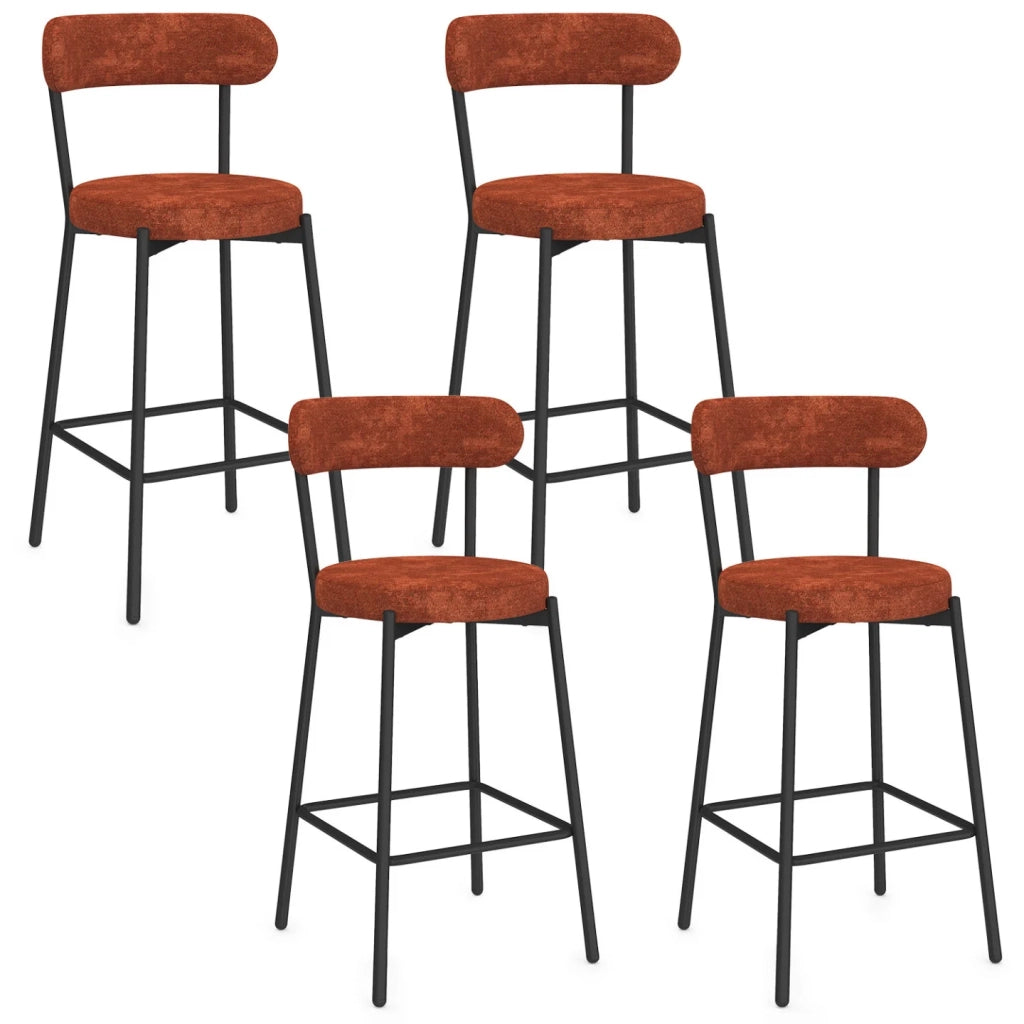 IDMarket - Set di 4 sgabelli da bar MIKI con schienale ricurvo in tessuto chenille color terracotta e gambe in metallo nero
