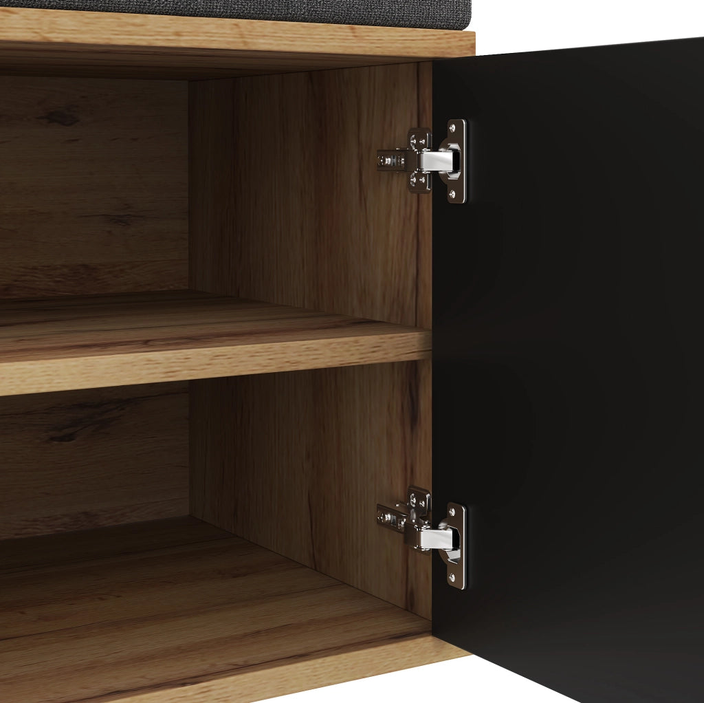 Mobile ingresso compatto con specchio; seduta imbottita e scarpiera; 110 x 38 x 190 cm; nero effetto legno