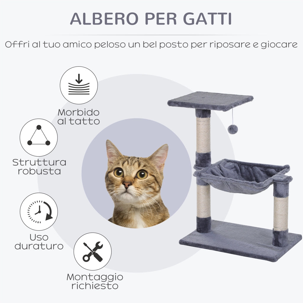 Tiragraffi per Gatti Multilivello con Amaca e Pallina ¨C zephmum ¨C Legno e Peluche, Grigio, 50x36x70cm