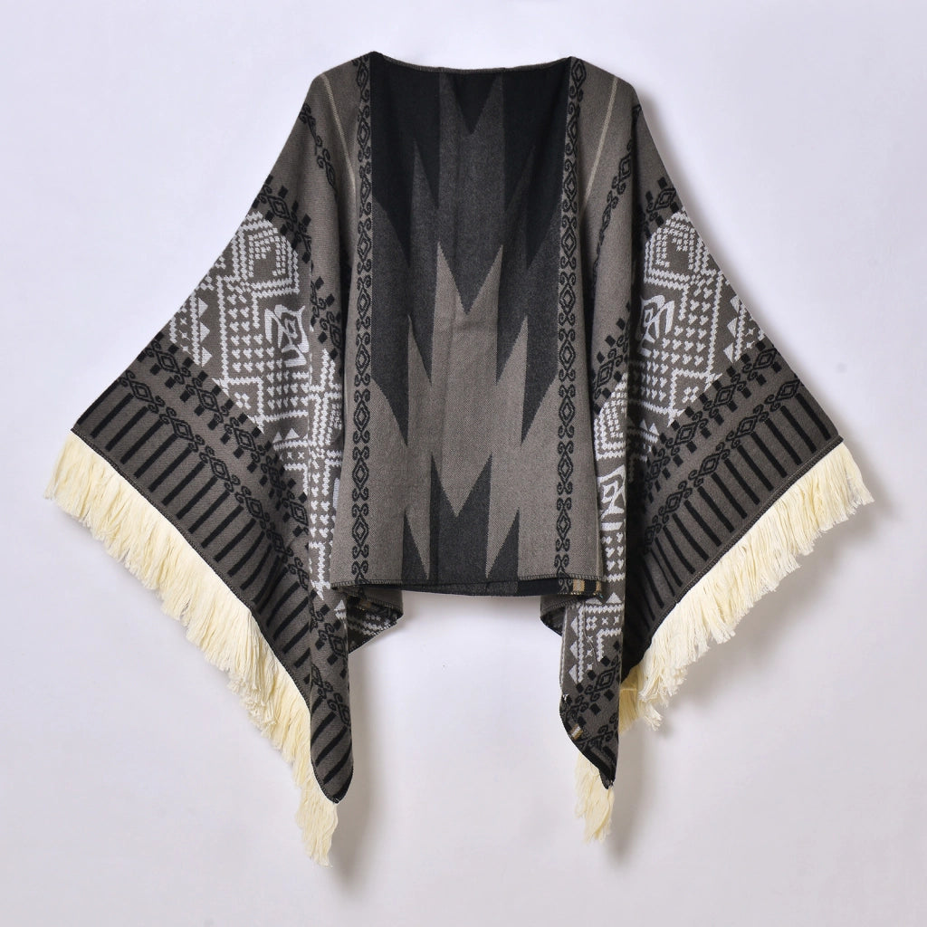 Sciarpa da viaggio da donna, stile etnico, con nappe, modello pullover, calda cappa decorativa da esterno in jacquard