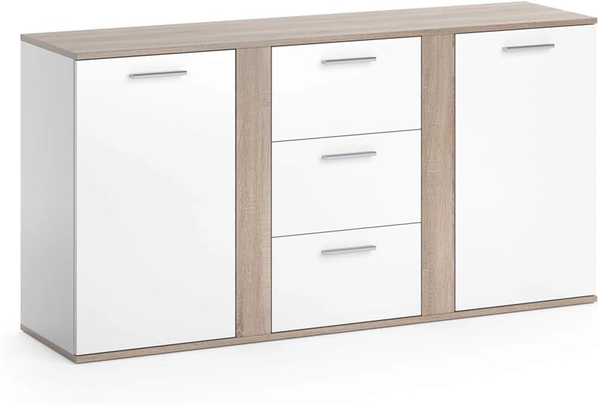 Credenza Novelli, Bianco/Sonoma, 155 x 80 cm con cassetti