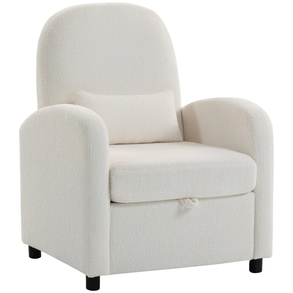 Poltrona Moderna 76x77x95 cm con Spazio Contenitore a Scomparsa e Cuscino Rivestimento in Pile Teddy Crema
