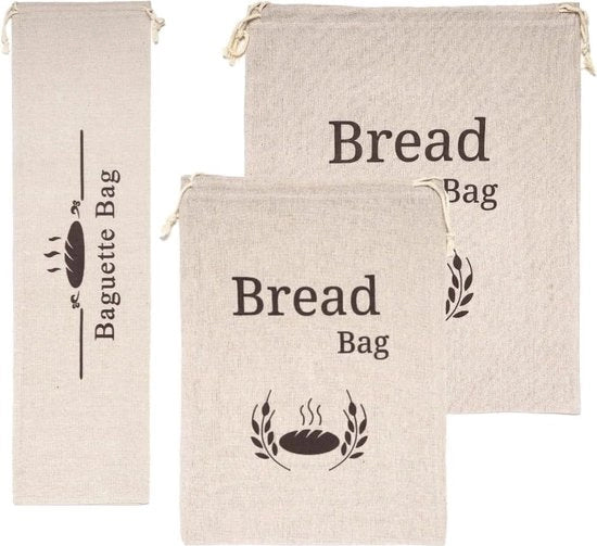 Set di Sacchetti per Pane Riciclabili - 3 pezzi - Grande e Medio - Tela di Lino - Colore Naturale Non Blecato