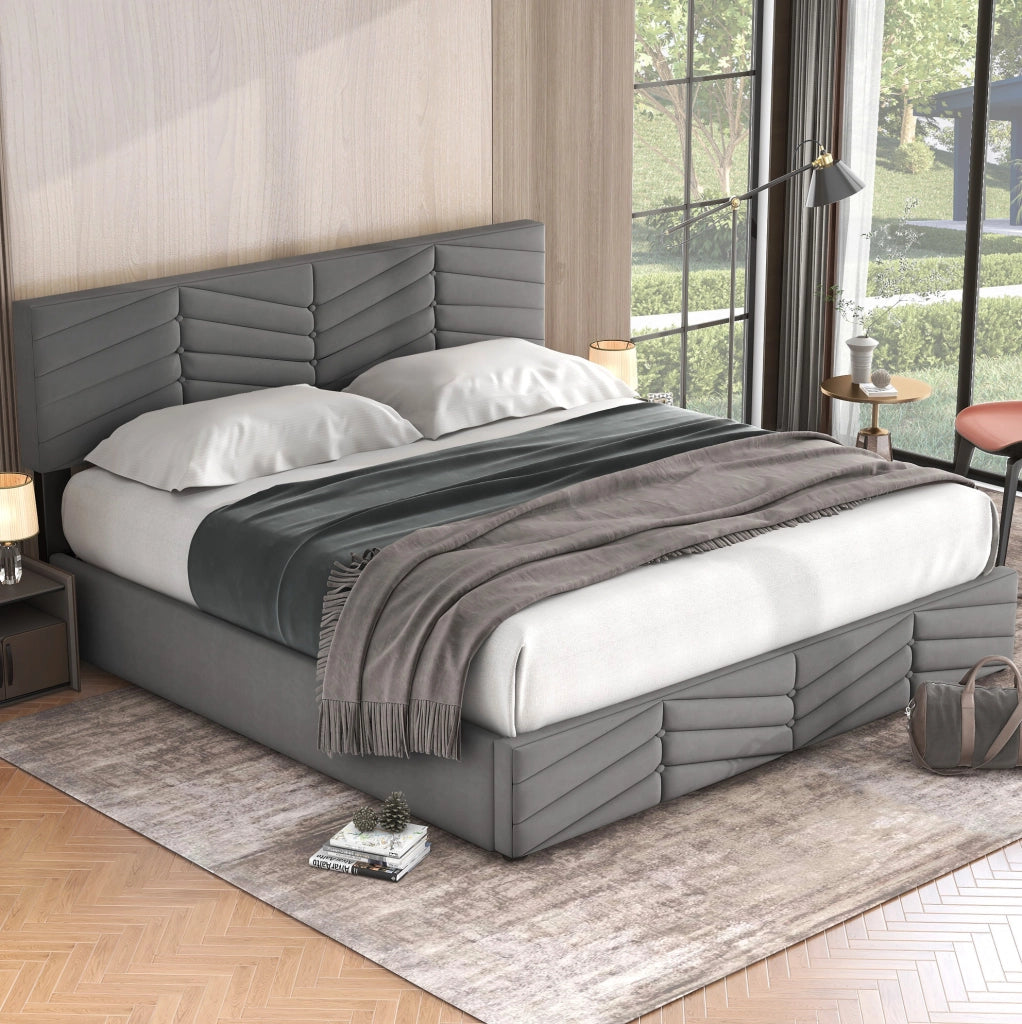 Letto matrimoniale imbottito in velluto grigio 160x200 cm con testiera regolabile e contenitore