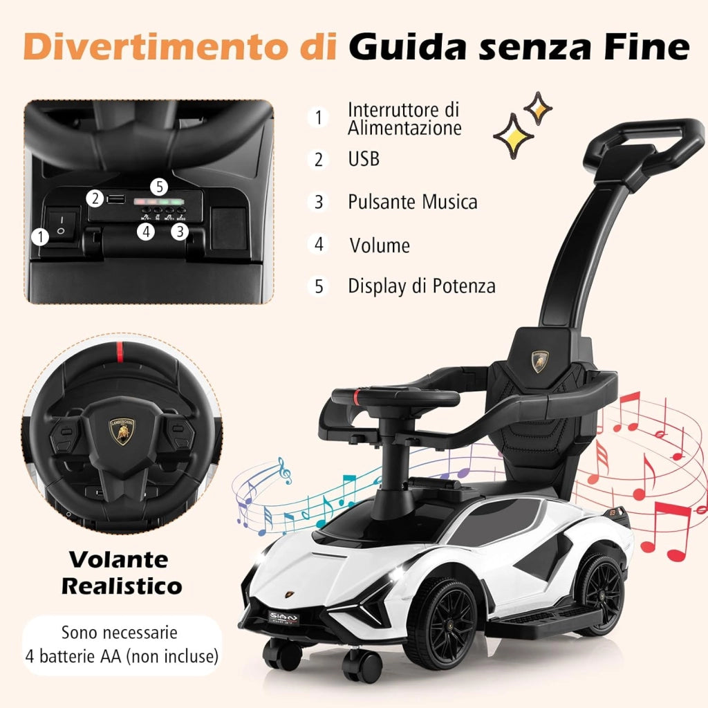 3 in 1 Auto da Spinta, Auto Scorrevole con Paracolpi e Manubrio Rimovibili Musica e Fari, Spazio di Stoccaggio Nascosto e Ruote Universali Staccabili, Bambini 18-24 Mesi (Bianco)