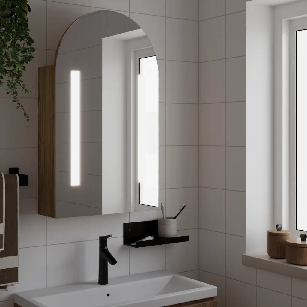 Armadietto Bagno | Armadio da bagno con Specchio e LED ad Arco Rovere 42x13x70 cm