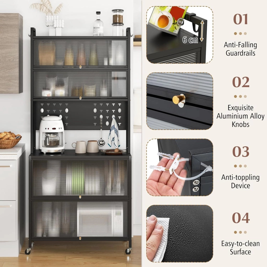 Mobile da cucina alto a 6 livelli, credenza cucina con ruote, 10 ganci, ante pieghevole, pannello perforato, mobile vetrina in acciaio, per soggiorno, sala da pranzo (nero)