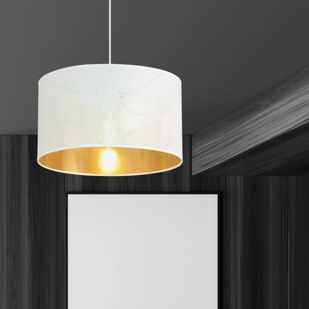 Lampada a sospensione Aston in acciaio bianco con interno dorato