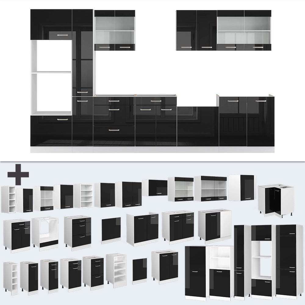 Vicco Cucina componibile Rovere nero lucido/bianco 350 cm con armadio alto, PL Marmo