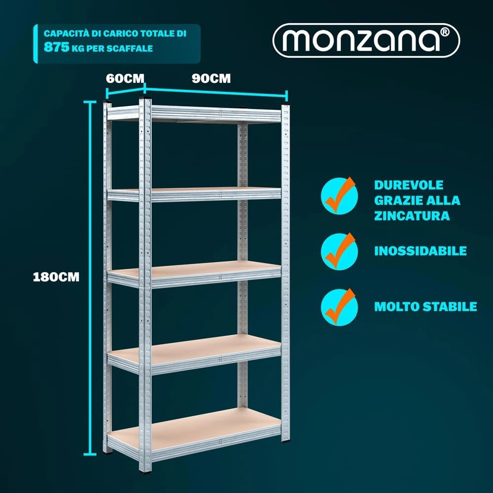 ® Scaffale ad Alta Portata XL 180x90x60cm Carico Max. 875kg 5 Pannelli MDF Scaffalatura Metallo Officina Cantina
