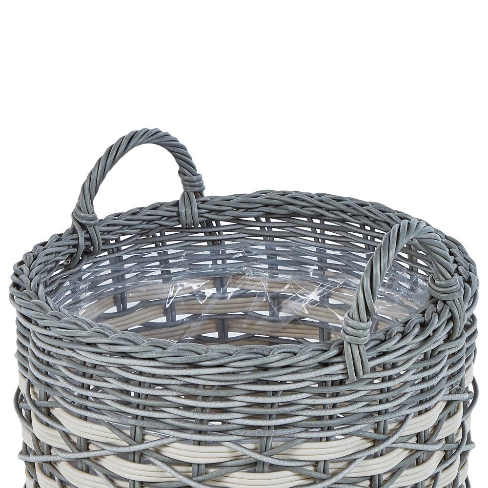Set di 3 cesti per piante da esterno fioriere rivestite in rattan sintetico grigio e bianco