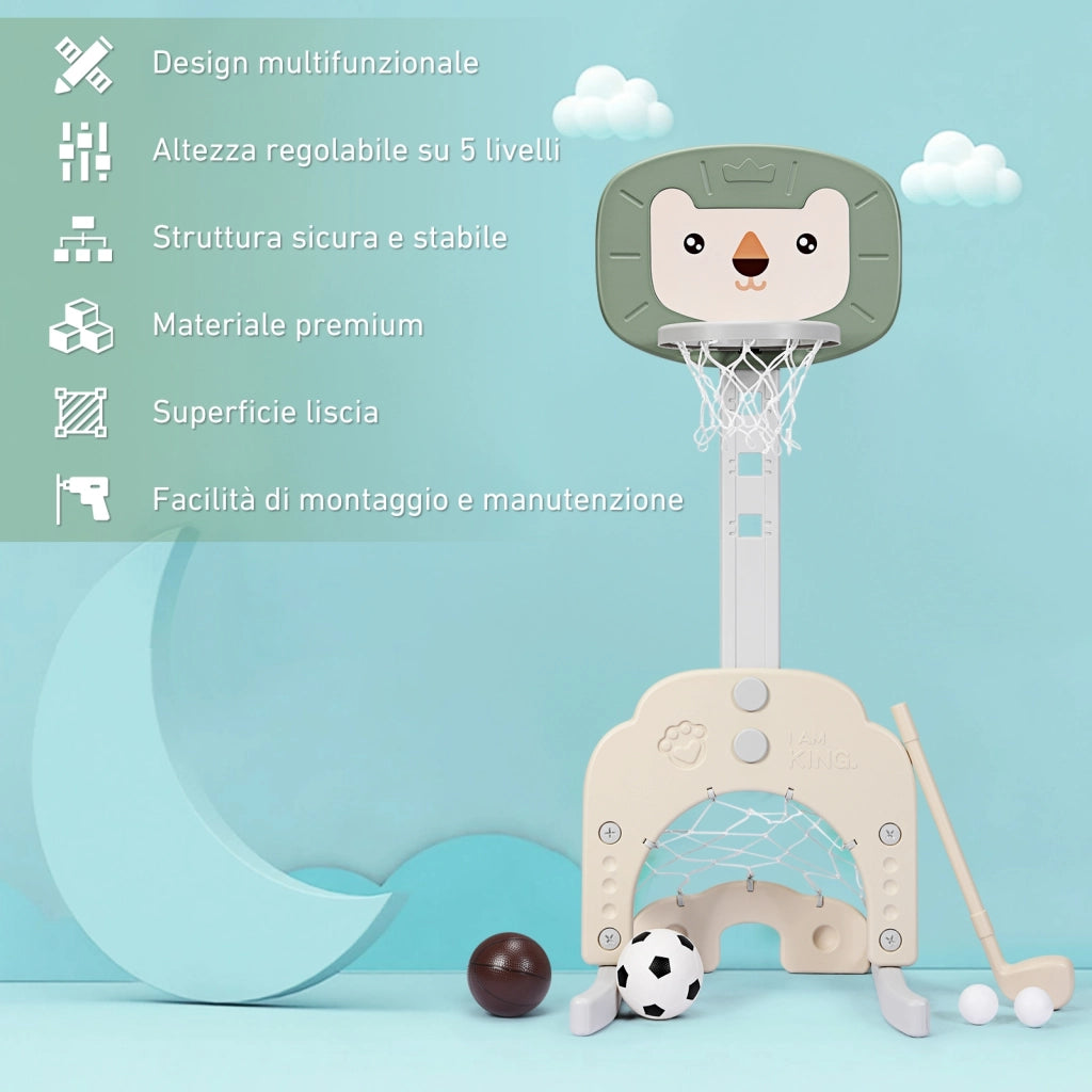 Canestro da basket 3 in 1 con 5 altezze regolabili, Canestro da basket e gioco del golf per bambini, Verde-Giocattoli sportivi