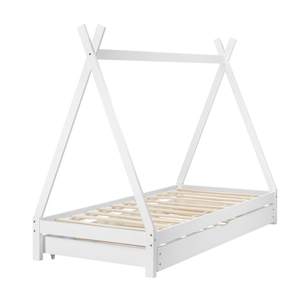 Lettino a Forma di Tenda 90 x 200 cm con Secondo Letto Estraibile 90 x 190 cm Lettino Montessori Lettino Tipi in Legno con 2 Posti Letti - Bianco