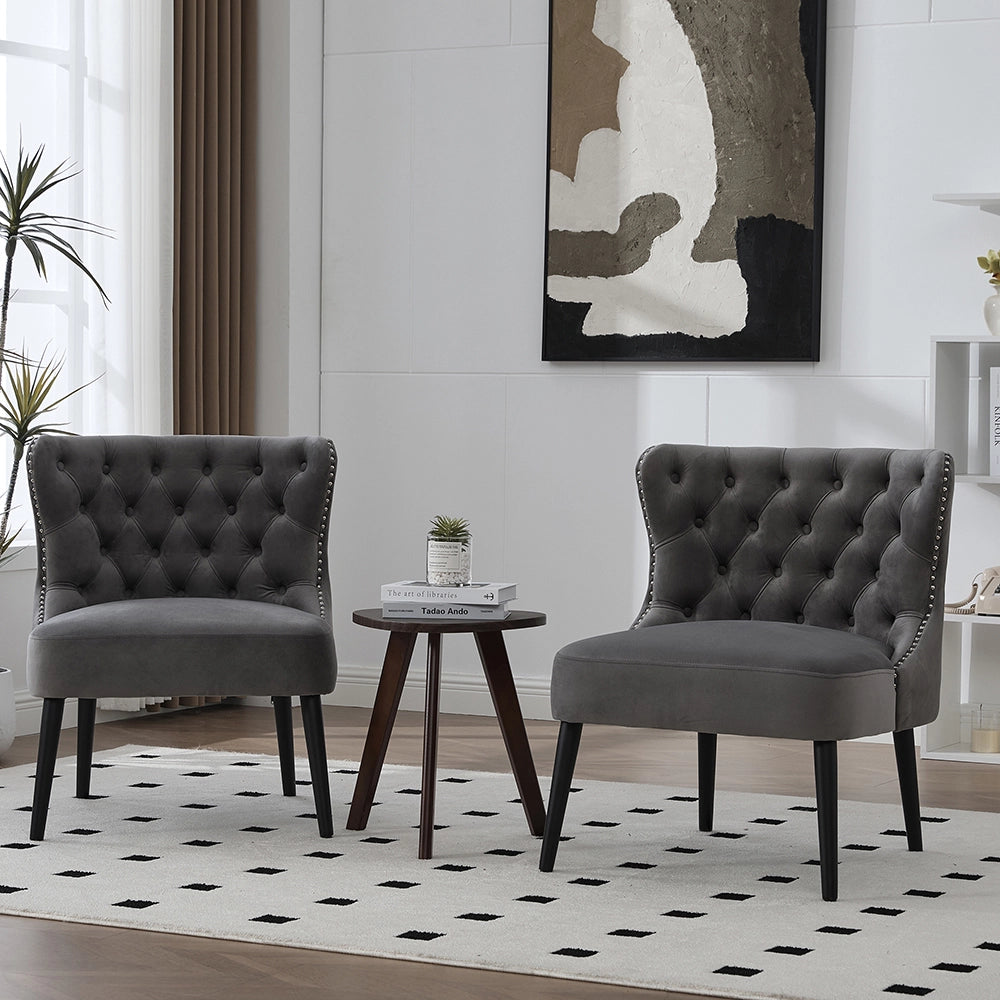 Poltrona singola in velluto con bottoni - Xylo - design moderno senza braccioli, borchia chiodata, piedi in legno